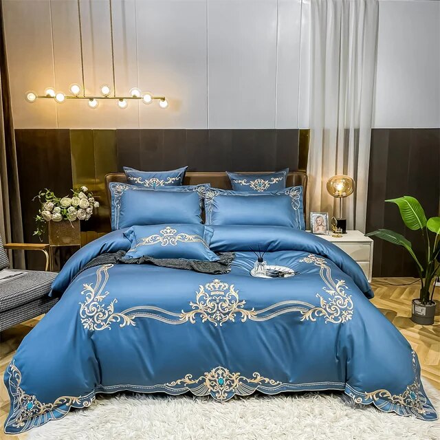 Gold White Royal Baroque Egyptian Cotton Satin Embroidery Duvet Cover Bedding Set