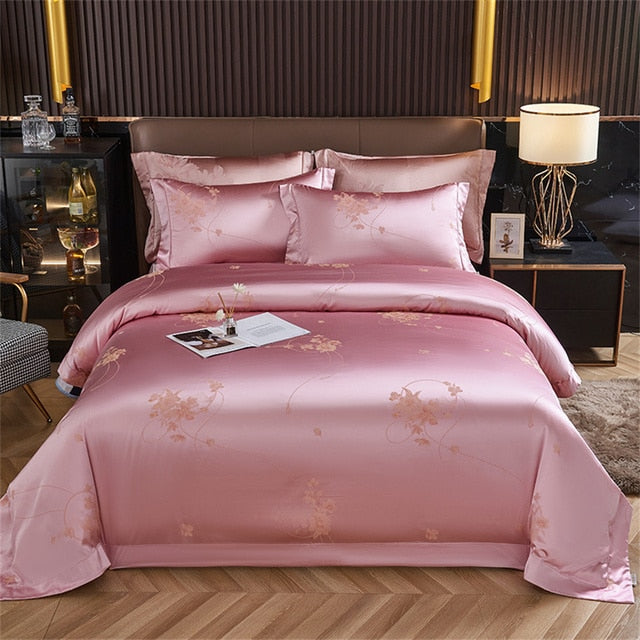 Pink Flower Satin Jacquard Embroidery Family Duvet Cover Bedding Set