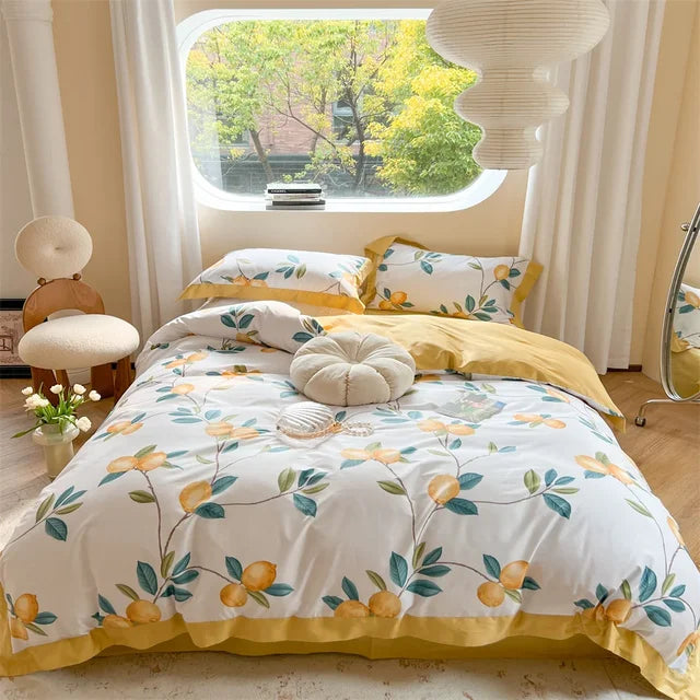 European Flowers Birds Satin Egyptian Cotton Cozy Bedding Set