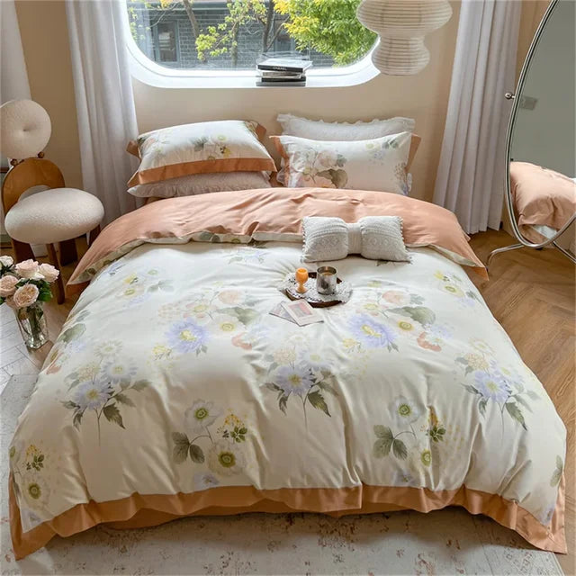 European Flowers Birds Satin Egyptian Cotton Cozy Bedding Set