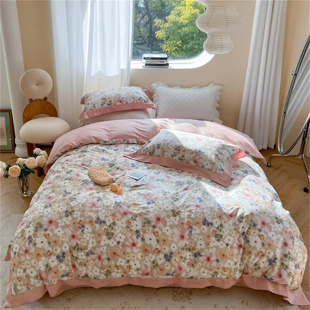 European Flowers Birds Satin Egyptian Cotton Cozy Bedding Set