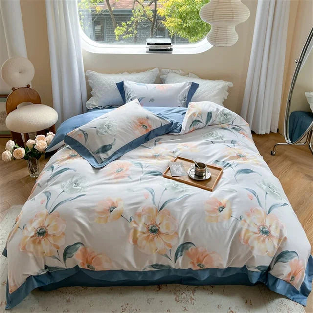 European Flowers Birds Satin Egyptian Cotton Cozy Bedding Set