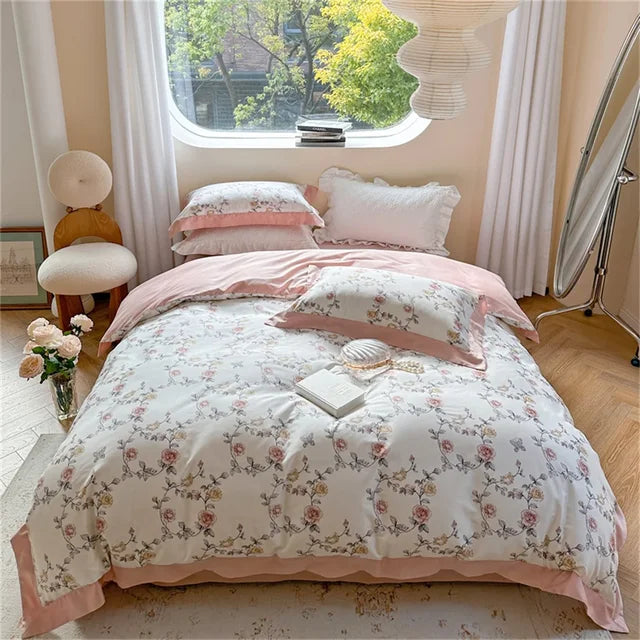 European Flowers Birds Satin Egyptian Cotton Cozy Bedding Set