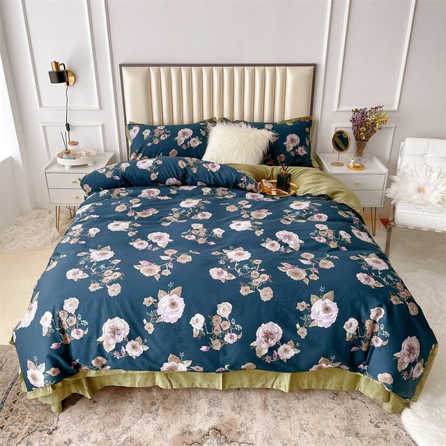 Yellow Purple Botanical Geometric Luxury Satin Garden Flower Egyptian Cotton 600TC Bedding Set