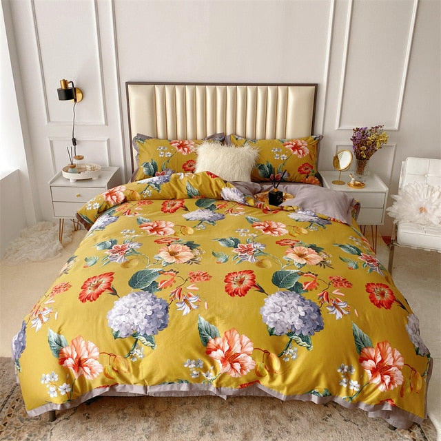 Yellow Purple Botanical Geometric Luxury Satin Garden Flower Egyptian Cotton 600TC Bedding Set