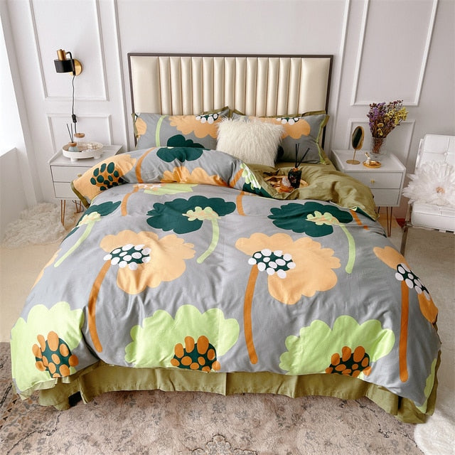 Yellow Purple Botanical Geometric Luxury Satin Garden Flower Egyptian Cotton 600TC Bedding Set