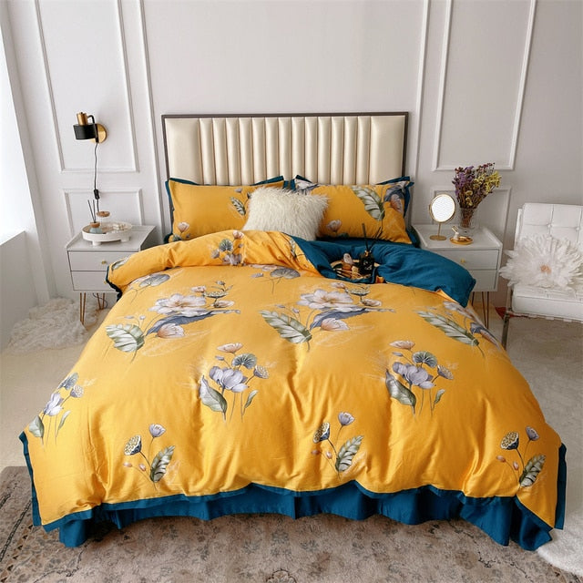 Yellow Purple Botanical Geometric Luxury Satin Garden Flower Egyptian Cotton 600TC Bedding Set