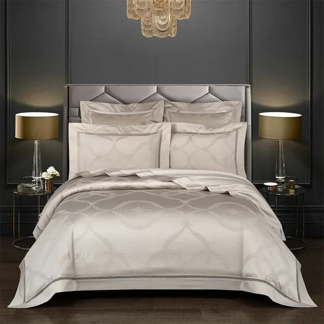 Luxury European Dark Golden Jacquard Silky Shiny Duvet Cover Set, Egyptian Cotton 1000TC Bedding Set