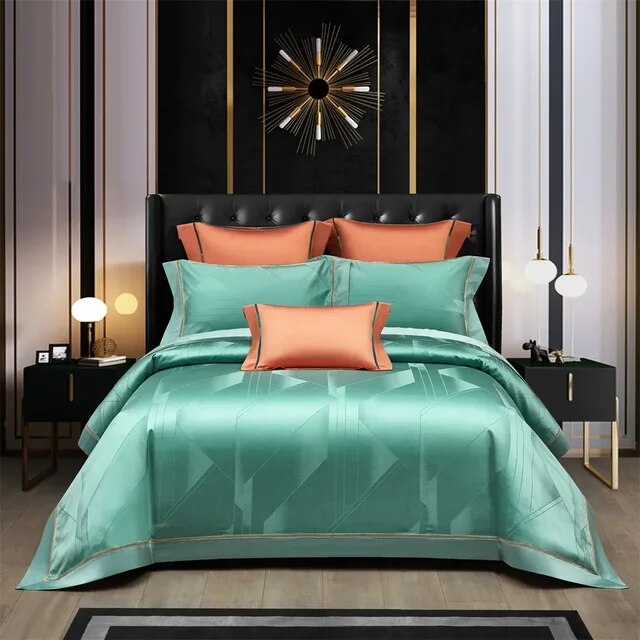 Luxury European Dark Golden Jacquard Silky Shiny Duvet Cover Set, Egyptian Cotton 1000TC Bedding Set