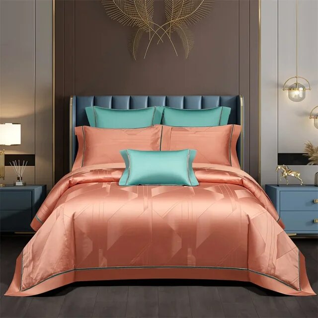 Luxury European Dark Golden Jacquard Silky Shiny Duvet Cover Set, Egyptian Cotton 1000TC Bedding Set