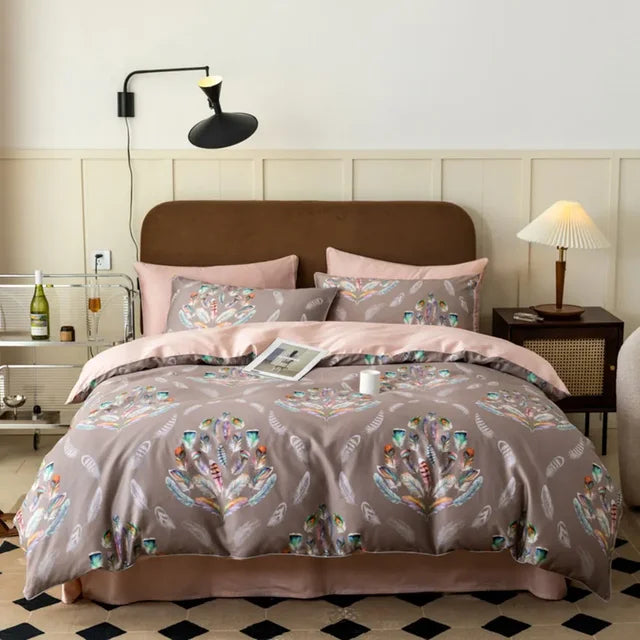 European Flowers Birds Satin Egyptian Cotton Cozy Bedding Set