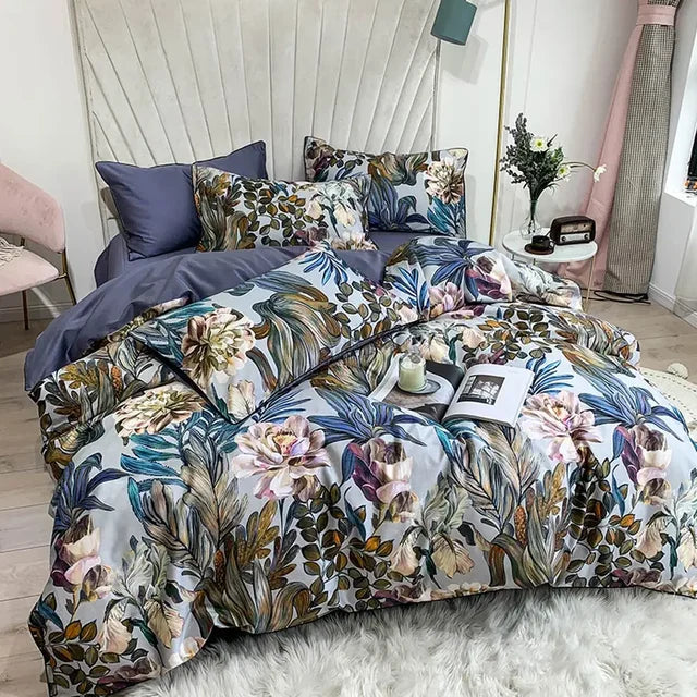 European Flowers Birds Satin Egyptian Cotton Cozy Bedding Set