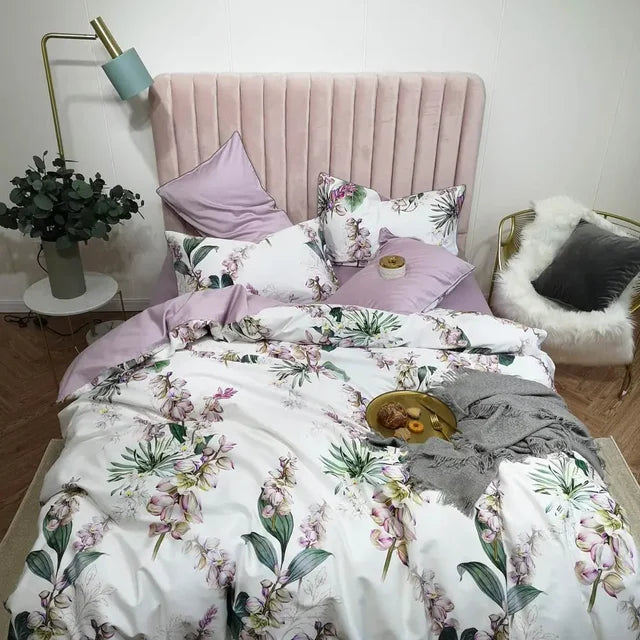 European Flowers Birds Satin Egyptian Cotton Cozy Bedding Set