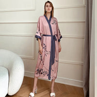 Thumbnail for Blue Green Nature Long Robe Nightgown Print Crane Flower Kimono Bathrobe Sleepwear