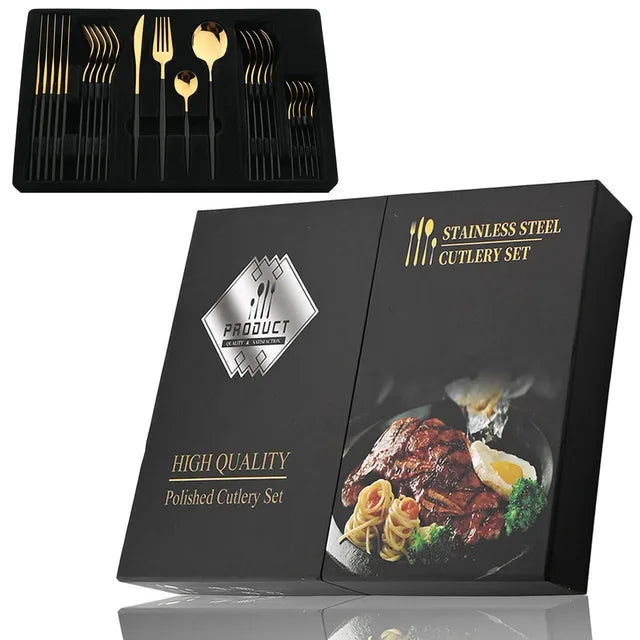 Black Handle Golden Stainless Steel 24Pcs Cutlery Set Kitchen Dinnerware Gift