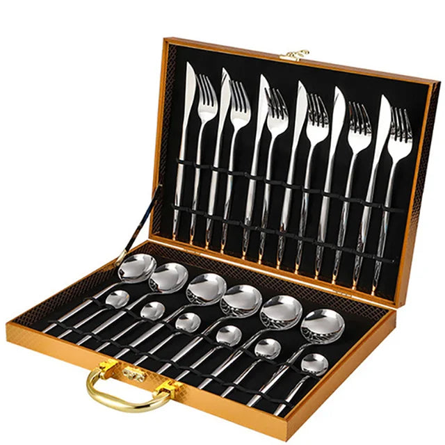 Golden Silver Stainless Knife Fork Spoon 24PCS Cutlery Set Tableware Dinnerware