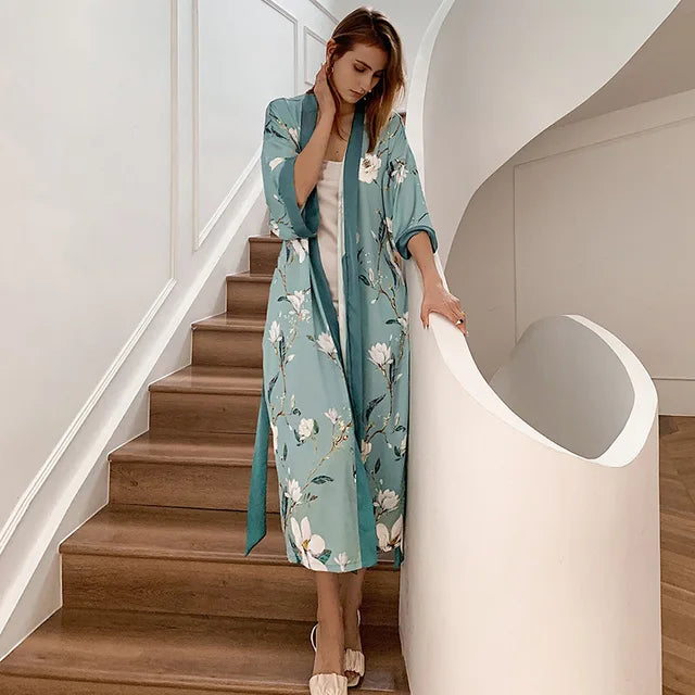 Blue Green Nature Long Robe Nightgown Print Crane Flower Kimono Bathrobe Sleepwear