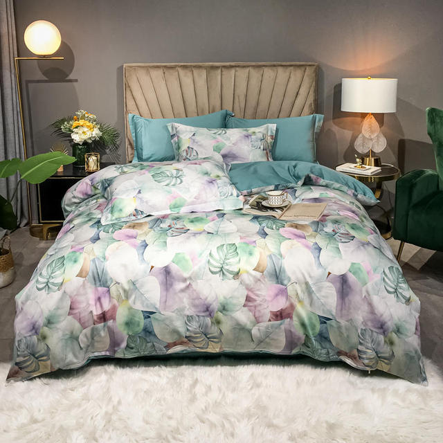 Luxury Floral Leaves Botanical Forest Duvet Cover Set, Egyptian Cotton 600TC Bedding Set