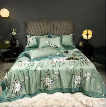 Vintage Green Flowers Leaves Summer Bamboo Lyocell Cooling Duvet Cover Bedding Set