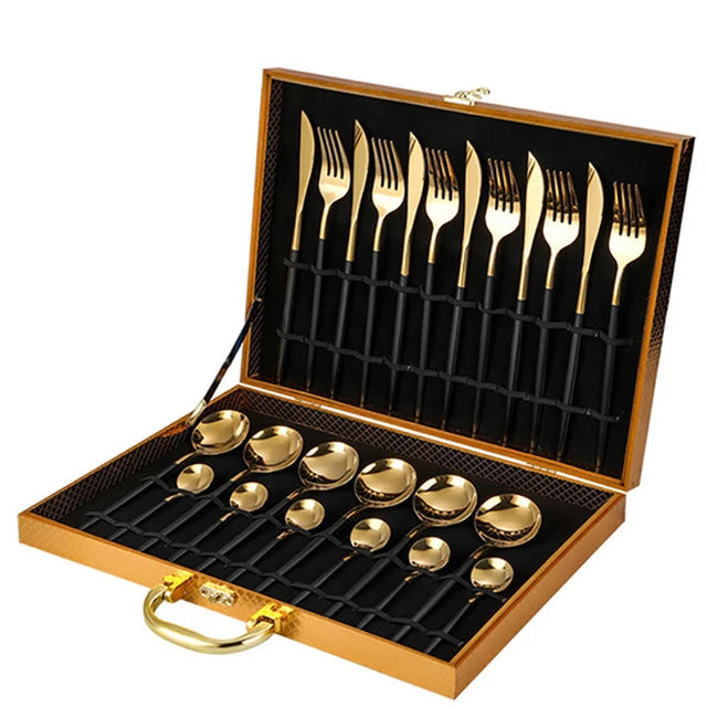 Golden Silver Stainless Knife Fork Spoon 24PCS Cutlery Set Tableware Dinnerware