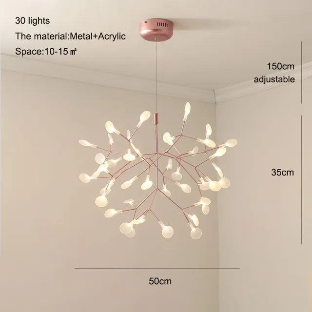 Rose Gold Nordic Chandelier Art Lighting Hanging living Room Restaurant Kitchen Firefly Lamp Branch Round