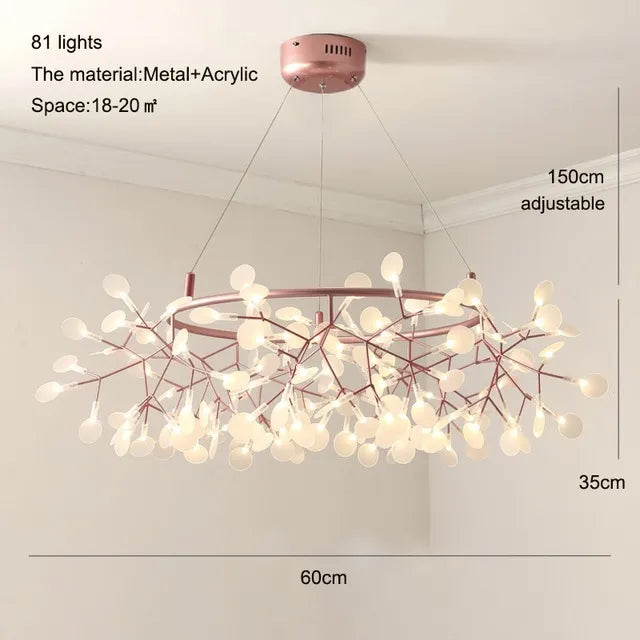 Rose Gold Nordic Chandelier Art Lighting Hanging living Room Restaurant Kitchen Firefly Lamp Branch Round