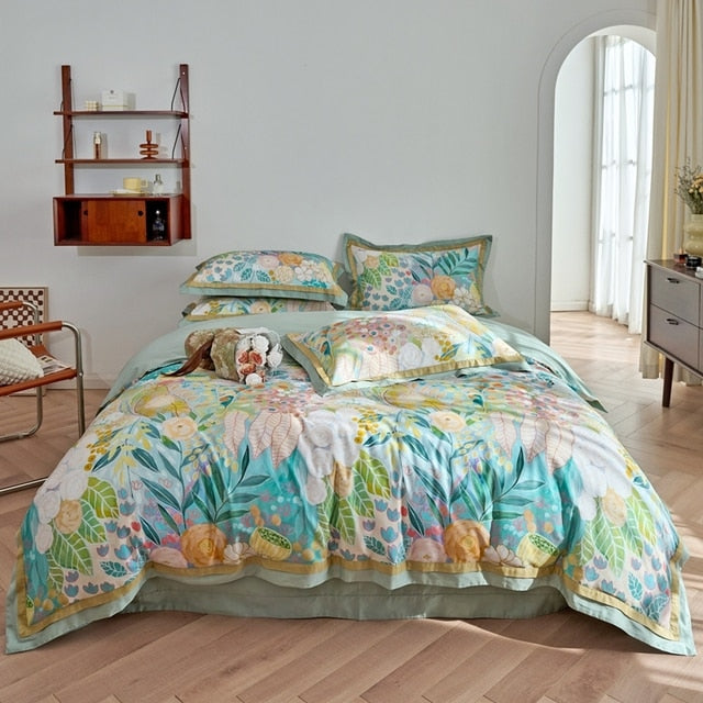 Nature Vintage Oil Painting Flowers Luxury Silky Duvet Cover, Egyptian Cotton 1000TC Bedding Set