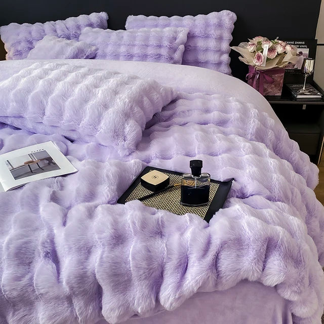 Premium Gradient Fur Autumn Winter Plush Cozy Duvet Cover Bedding Set