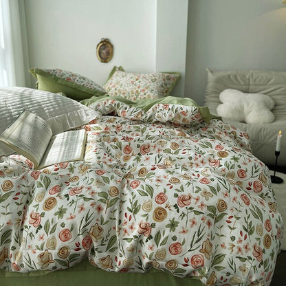 Rose Vintage French Print Flower Duvet Cover Set, Washed Cotton Bedding Set