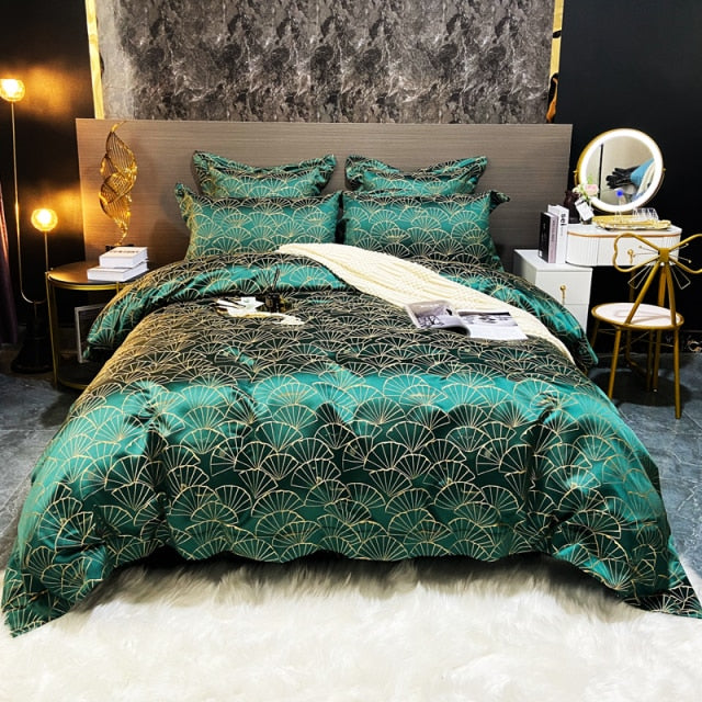Luxury Black Gold Jacquard Silky Duvet Cover Set, Egyptian Cotton 1200TC Bedding Set