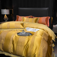 Thumbnail for Luxury Gold Green Leaf Tropical Satin Jacquard Duvet Cover, 1000TC Egyptian Cotton Bedding Set