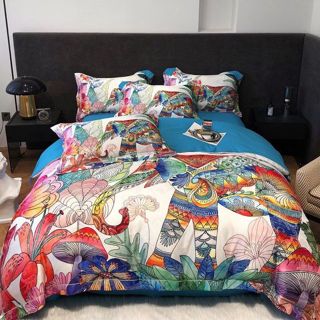 Premium Peacock Boho Digital Printing Smooth Soft Silky Duvet Cover Set, Polyester 600TC Bedding Set