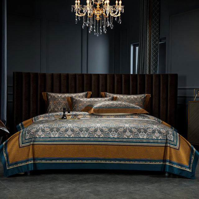 Luxury Brown Blue Baroque European Palace Silky Boho Duvet Cover Set, 1000TC Egyptian Cotton Bedding Set