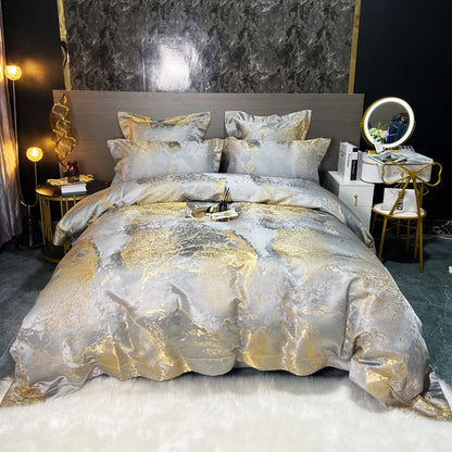 Luxury Black Gold Marble Jacquard Leopard Print Patchwork Duvet Cover, Egyptian Cotton 1000TC Bedding Set