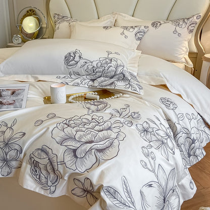 Luxury Red White American Flower Elegance Duvet Cover Set, Egyptian Cotton Bedding Set