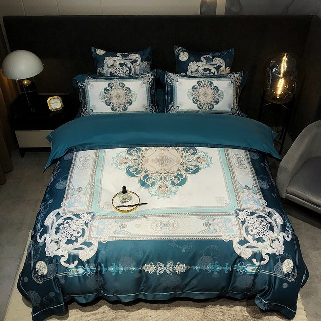 Premium Peacock Boho Digital Printing Smooth Soft Silky Duvet Cover Set, Polyester 600TC Bedding Set