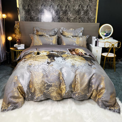 Luxury Black Gold Marble Jacquard Leopard Print Patchwork Duvet Cover, Egyptian Cotton 1000TC Bedding Set