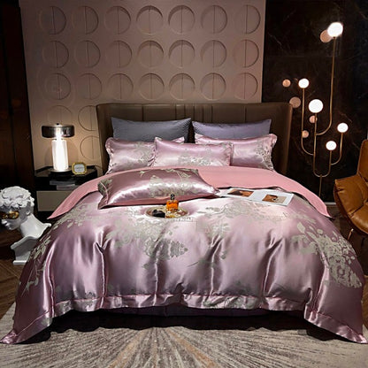 Luxury Gold Jacquard European Flower Silky Duvet Cover Set, Cotton Bedding Set