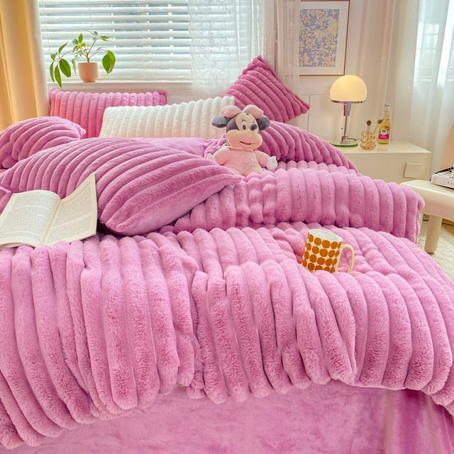 Pink Grey Luxury Fluffy Soft Warm Velvet Fleece Girl Child Duvet Cover Bedding Set