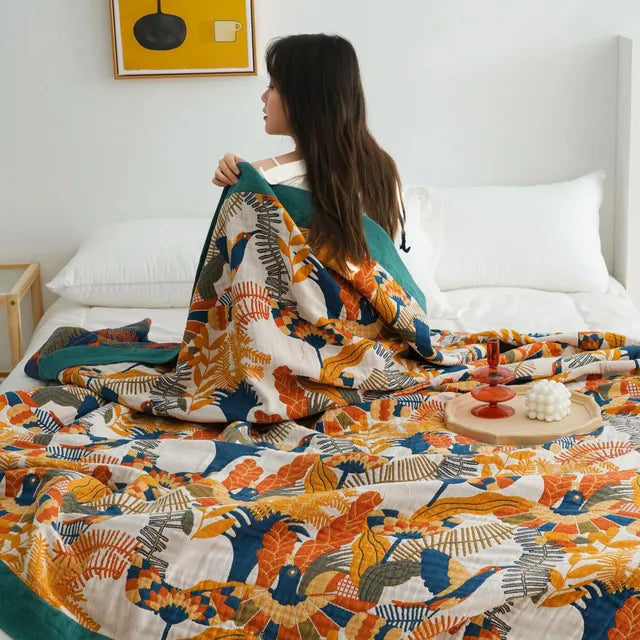 Leave Tropical Flower Nordic Throw Blanket 100% Cotton Bedspread