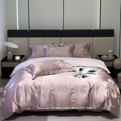 Luxury Purple Green Satin Jacquard Brushed Duvet Cover Set, Polyester 400TC Bedding Set