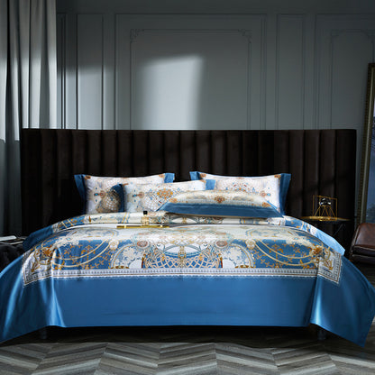 Luxury Brown Blue Baroque European Palace Silky Boho Duvet Cover Set, 1000TC Egyptian Cotton Bedding Set