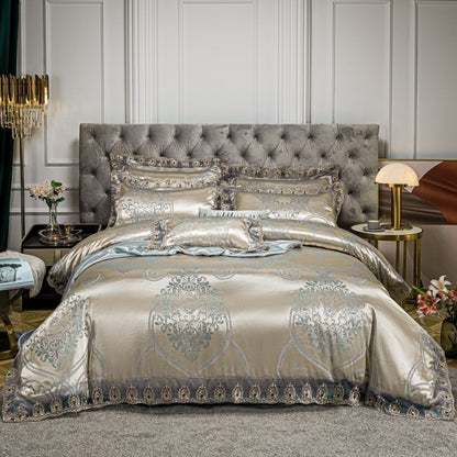 Gold Green Satin Jacquard Very Soft Silky Duvet Cover Bedding Set