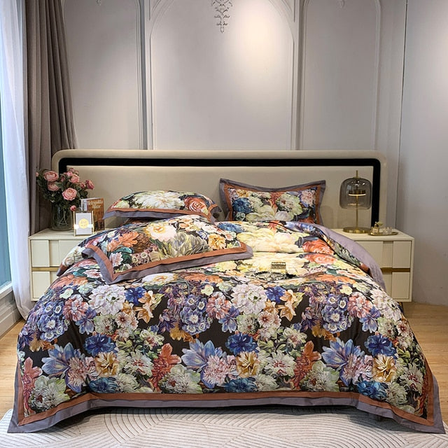 Nature Vintage Oil Painting Flowers Luxury Silky Duvet Cover, Egyptian Cotton 1000TC Bedding Set