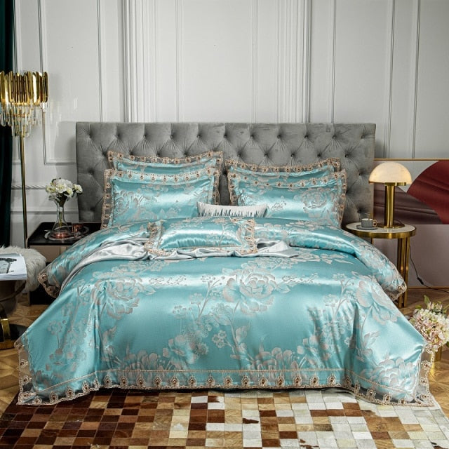 Gold Green Satin Jacquard Very Soft Silky Duvet Cover Bedding Set