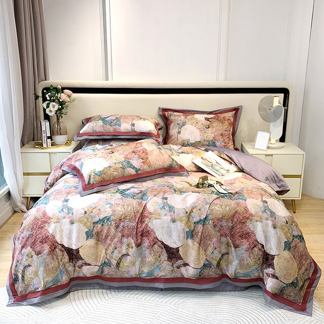 Nature Vintage Oil Painting Flowers Luxury Silky Duvet Cover, Egyptian Cotton 1000TC Bedding Set