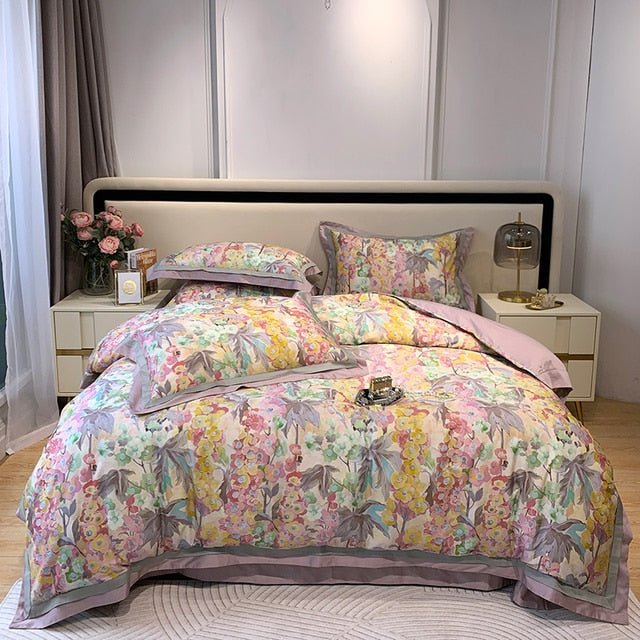 Nature Vintage Oil Painting Flowers Luxury Silky Duvet Cover, Egyptian Cotton 1000TC Bedding Set