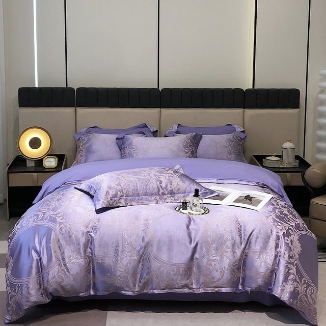 Luxury Purple Green Satin Jacquard Brushed Duvet Cover Set, Polyester 400TC Bedding Set