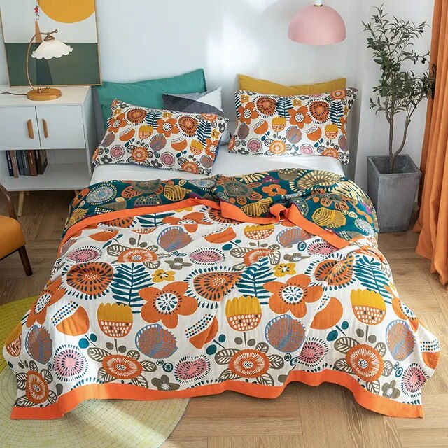 Leave Tropical Flower Nordic Throw Blanket 100% Cotton Bedspread