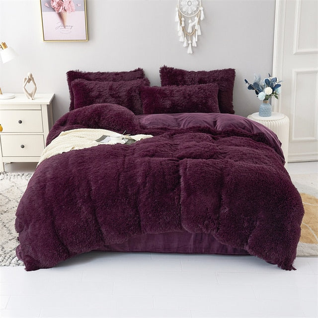 Purple Pink Coral Fleece Velvet Princess Duvet Cover for Family Bedding Set